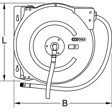 Schwarz-weiß-Zeichnung eines Schlauchaufrollers, mit Maßen L und B. Das KS TOOLS Logo ist sichtbar.